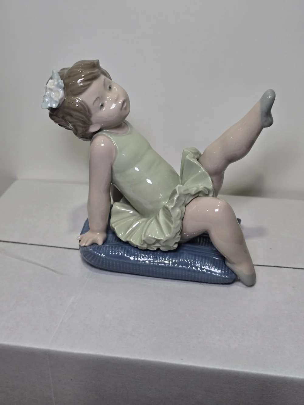 Lladro Pastel Green Ballerina on Blue Cushion Figurine